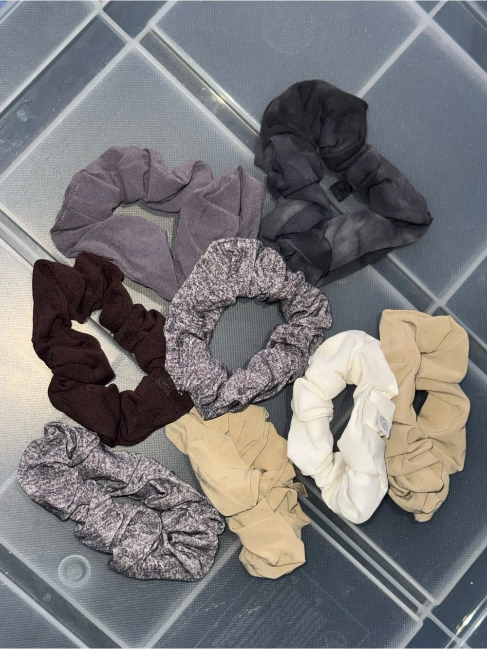 8 neutral/gray Lululemon Uplifting Scrunchies - machine washable!